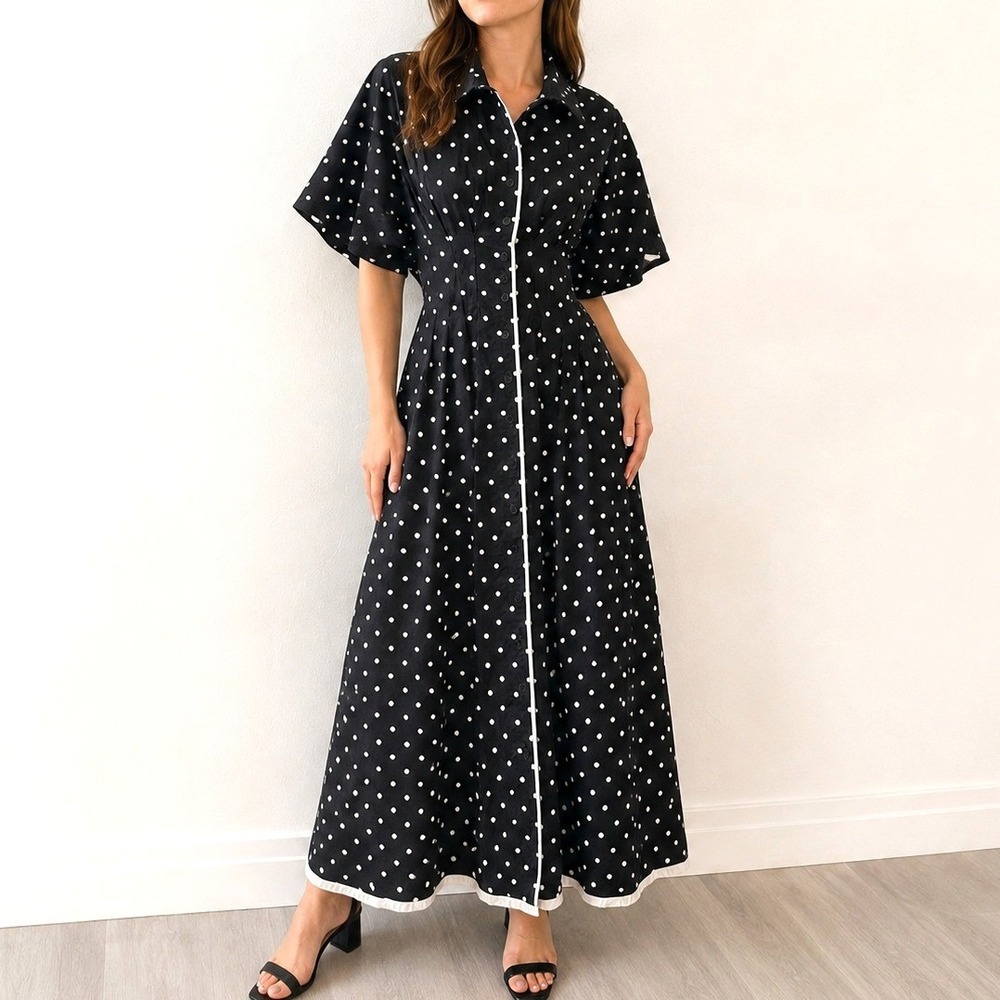 Exquise Eleanor Polka Dot Maxi Shirt Dress The Tobie MP Anthropologie Blck White